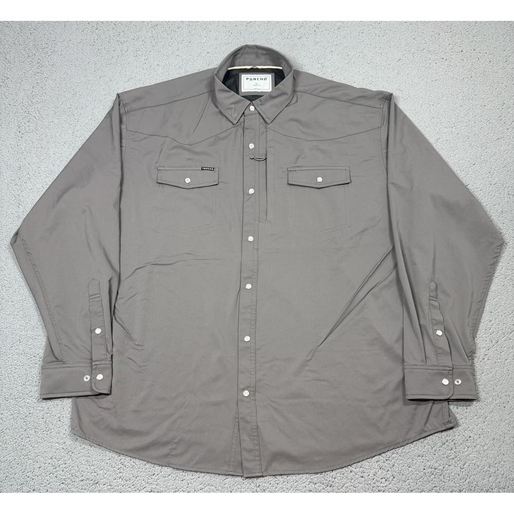 Poncho Shirt Mens 2XL Gray Solid Long Sleeve Snap Front Stretch Western Outdoor